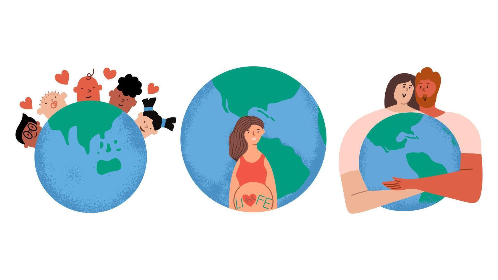 People care about the planet and the environment. Earth Day set illustrations. Sustainable living concept. Vector illustration in hand draw style.