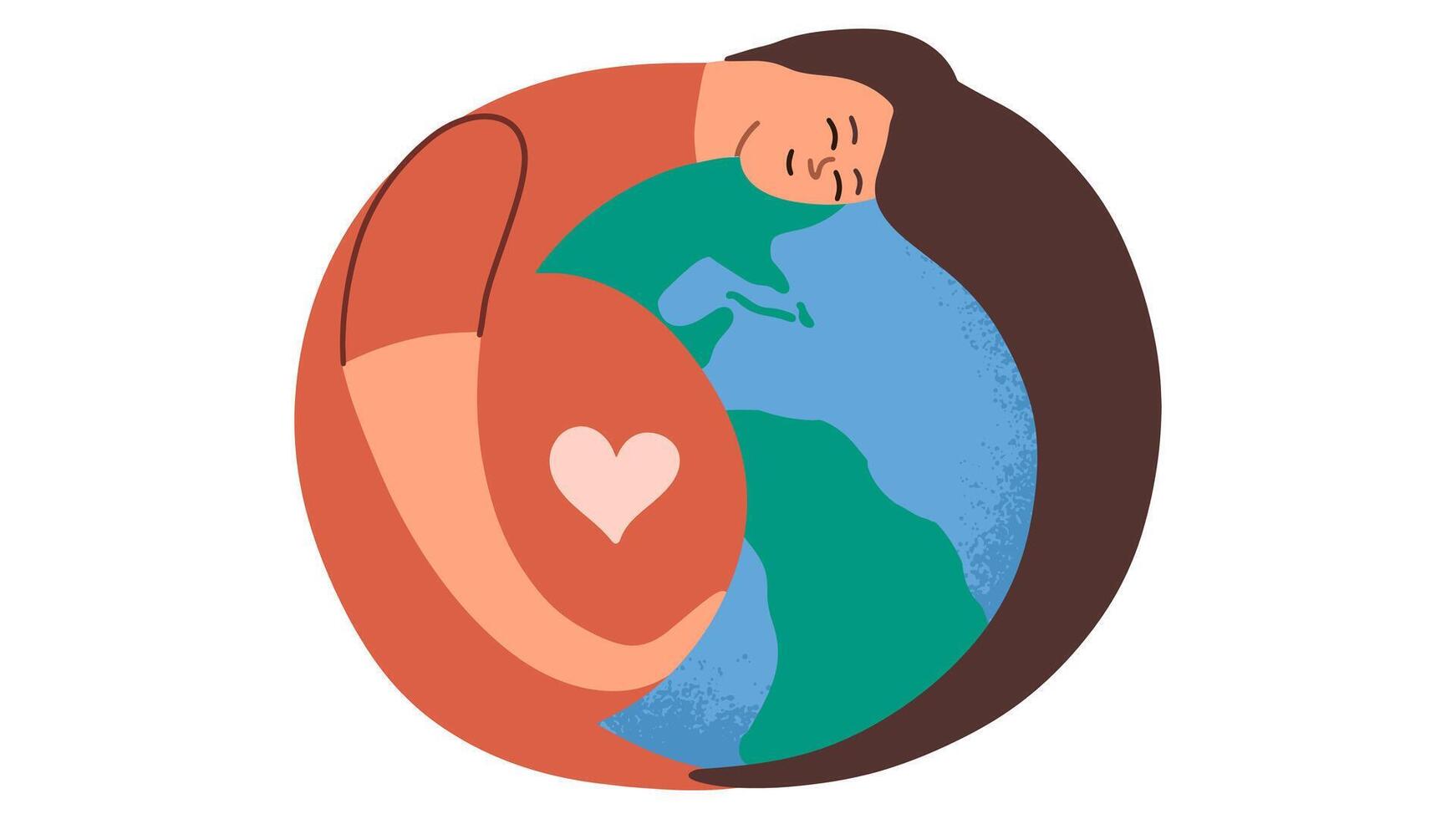 Protecting the environment, planet, ecology concept hand draw illustration. Pregnancy woman holding a planet in her hands. vector