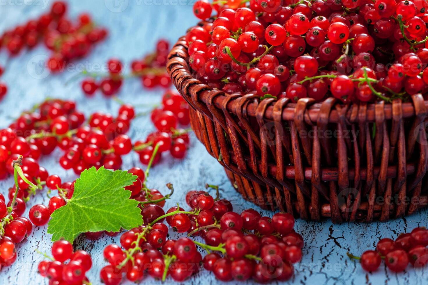 Redcurrant in wicker bowl on the table photo