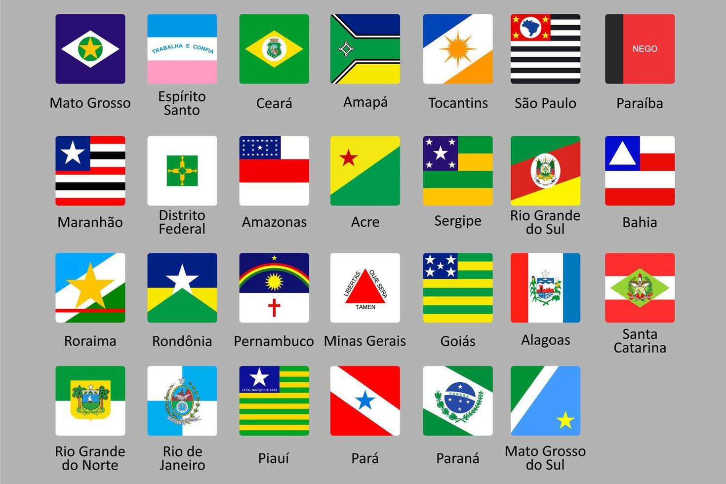 conjunto vectores banderas con nombres de todas el estados de Brasil