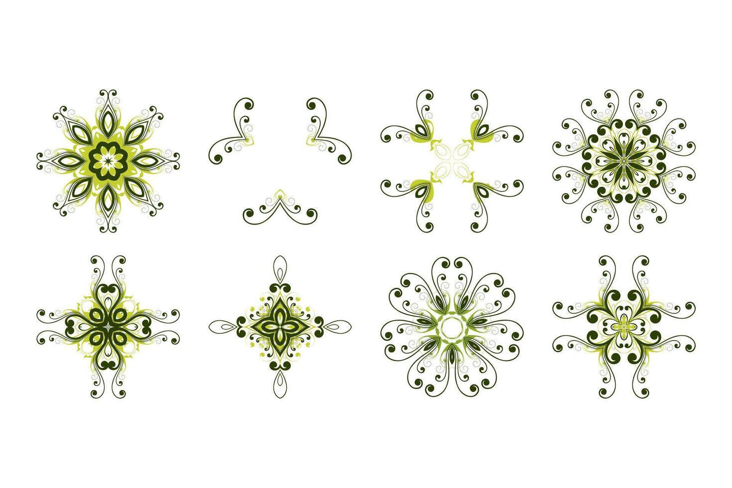 conjunto de verde floral modelo geométrico mandalas en blanco antecedentes vector