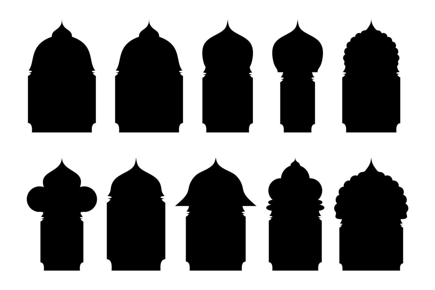 Set Vector Silhouettes of Doors Windows Arches Arabic White Background
