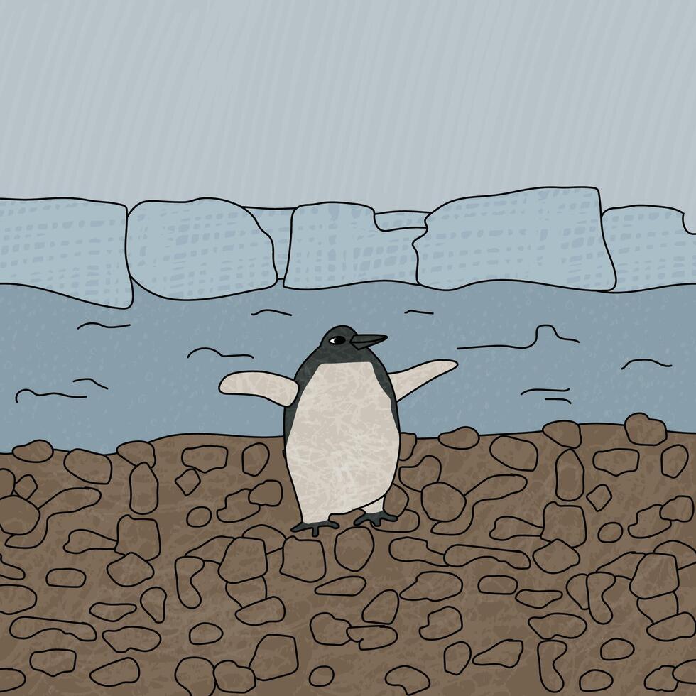 Hand drawn Emperor penguin drawing. An animal of Antarctica near the sea and icebergs. Cartoon line character on the beach with texture vector