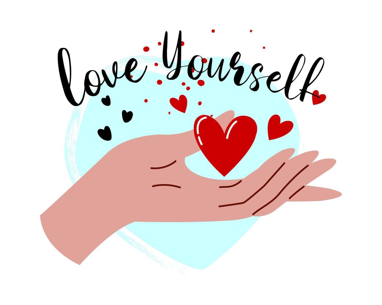 The hand gives the heart. Love yourself. vector