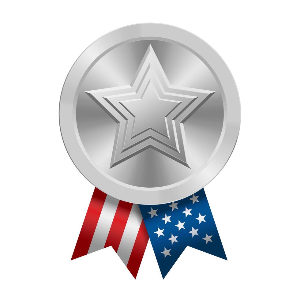 Silver award sport medal with USA ribbons and star vector