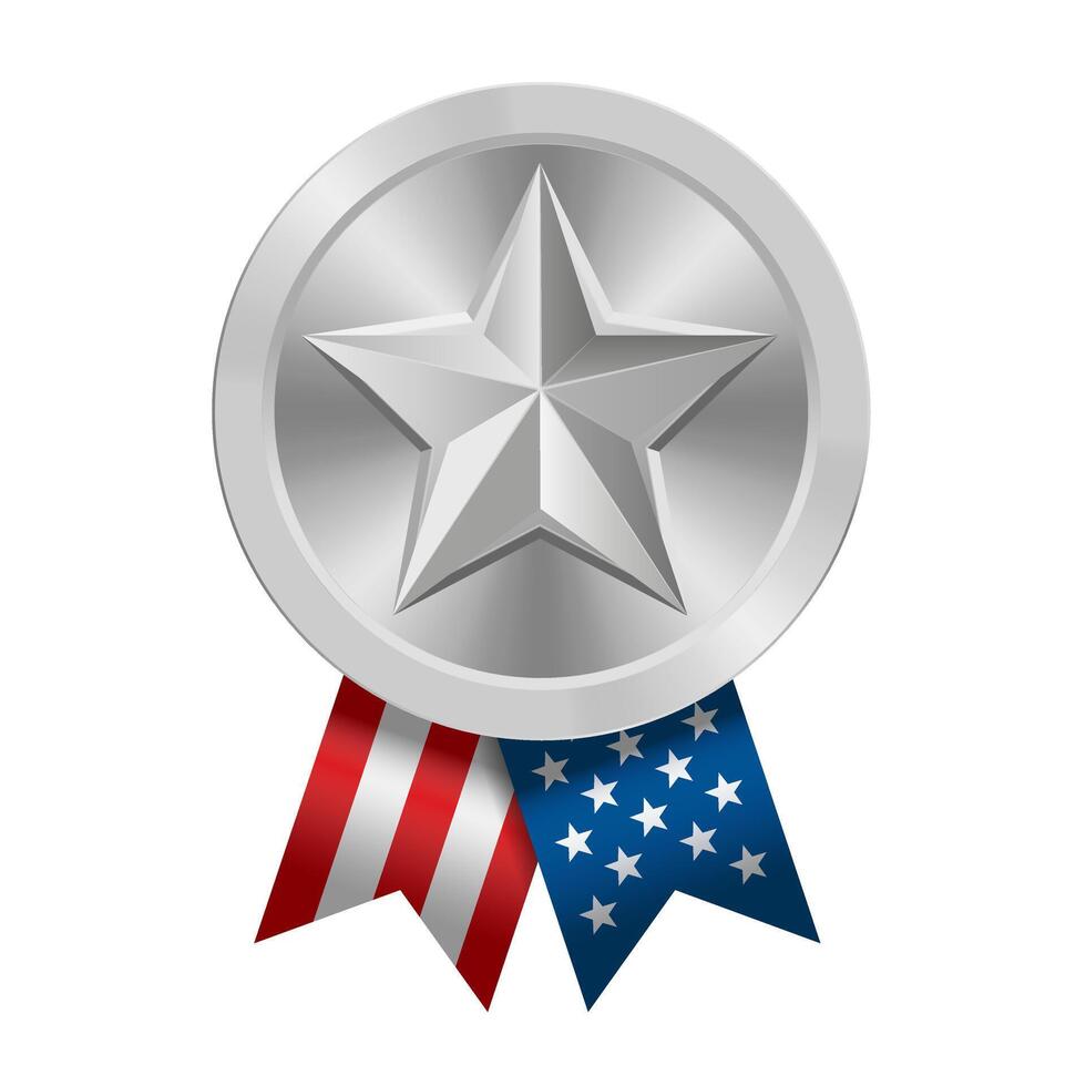 Silver award sport medal with USA ribbons and star vector