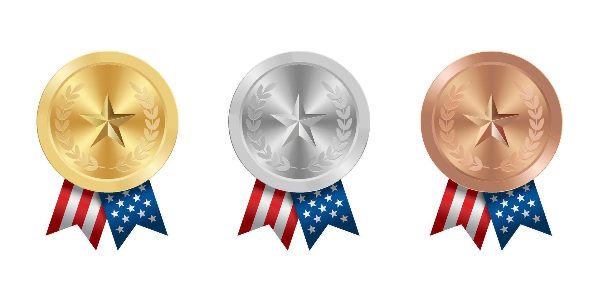 Golden silver and bronze award sport medal with USA ribbons and star vector