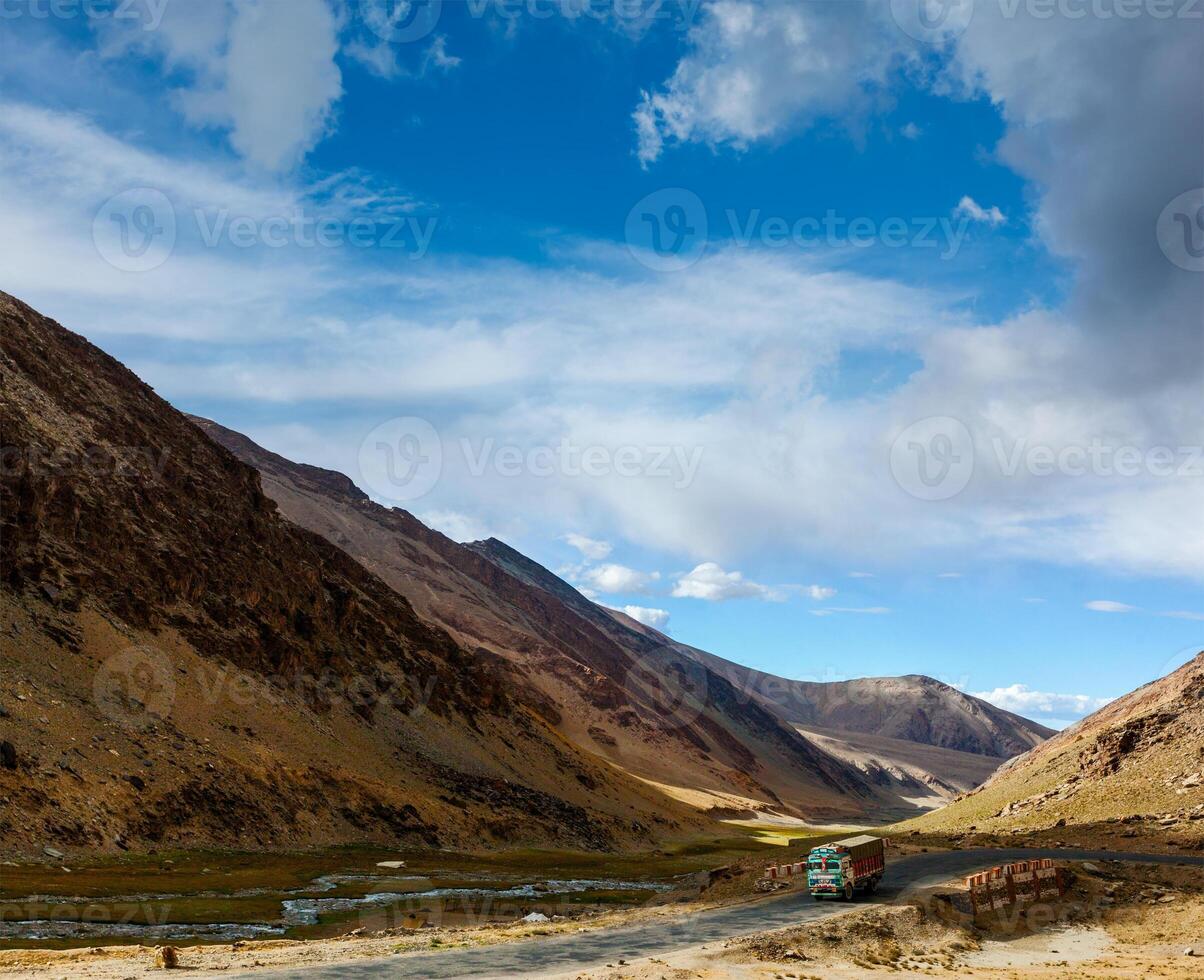 Manali-Leh Road in Indian Himalayas with lorry photo