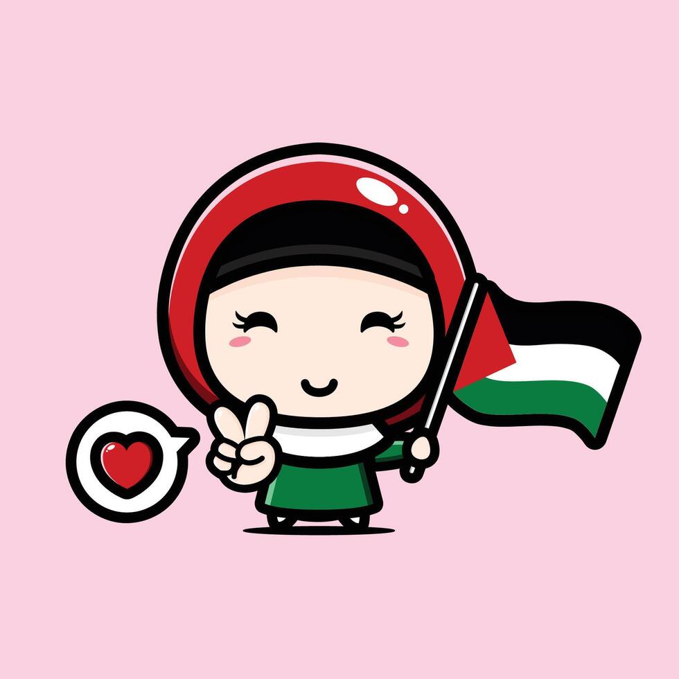 cute girl holding palestine flag vector