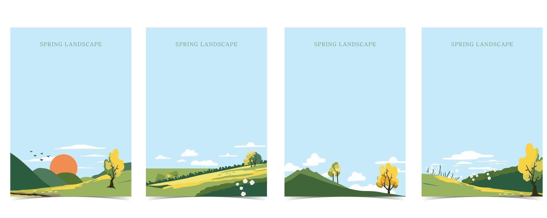 primavera paisaje antecedentes con montaña y árbol editable vector ilustración para postal, a4 vertical Talla