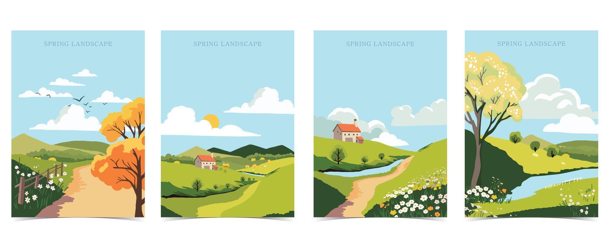 primavera paisaje antecedentes con montaña y árbol editable vector ilustración para postal, a4 vertical Talla