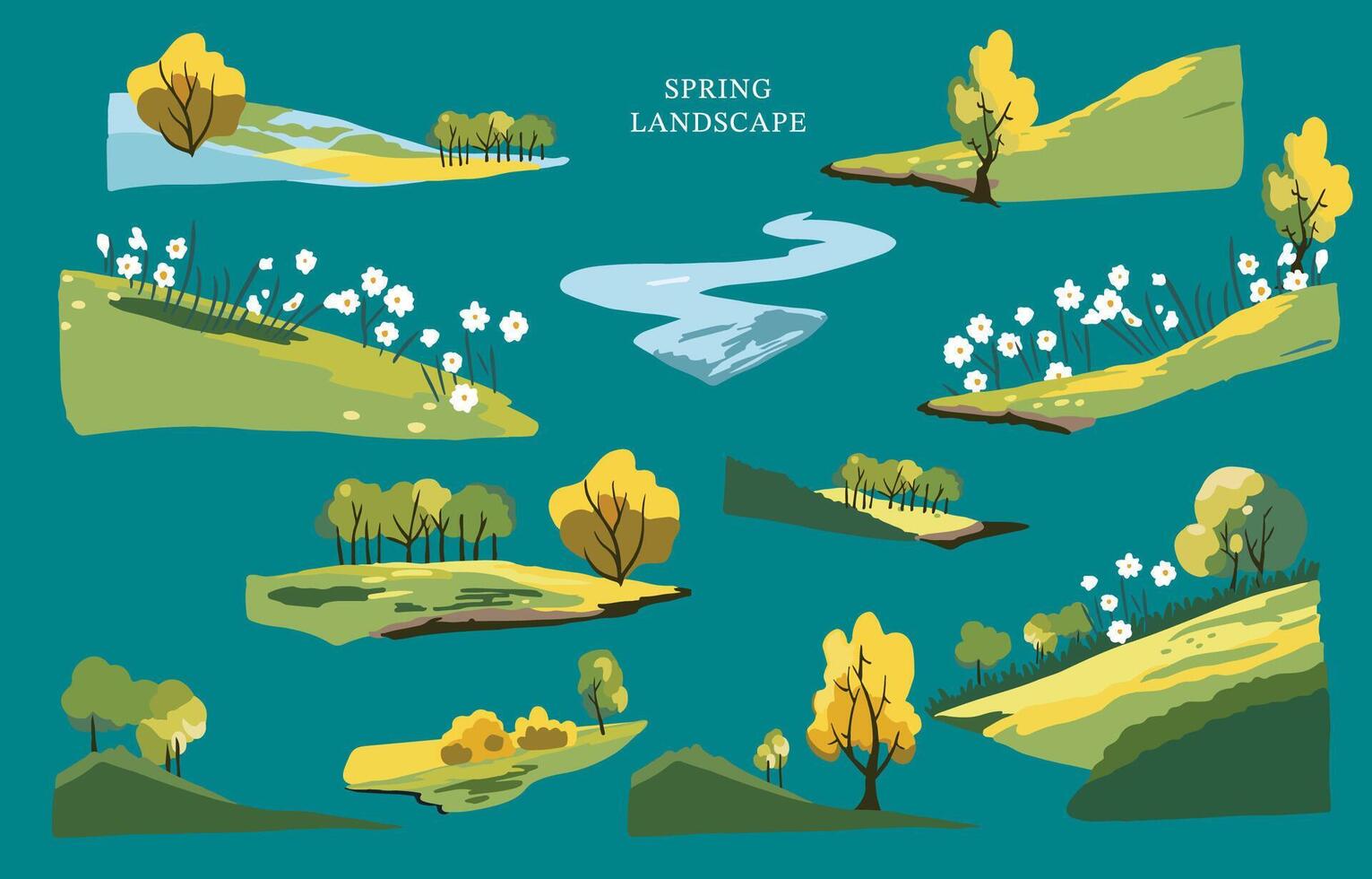 primavera paisaje elemento conjunto con montaña y árbol editable vector ilustración para gráfico diseño