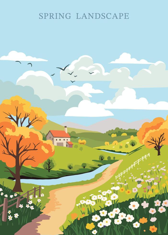 primavera paisaje antecedentes con montaña y árbol editable vector ilustración para postal, a4 vertical Talla