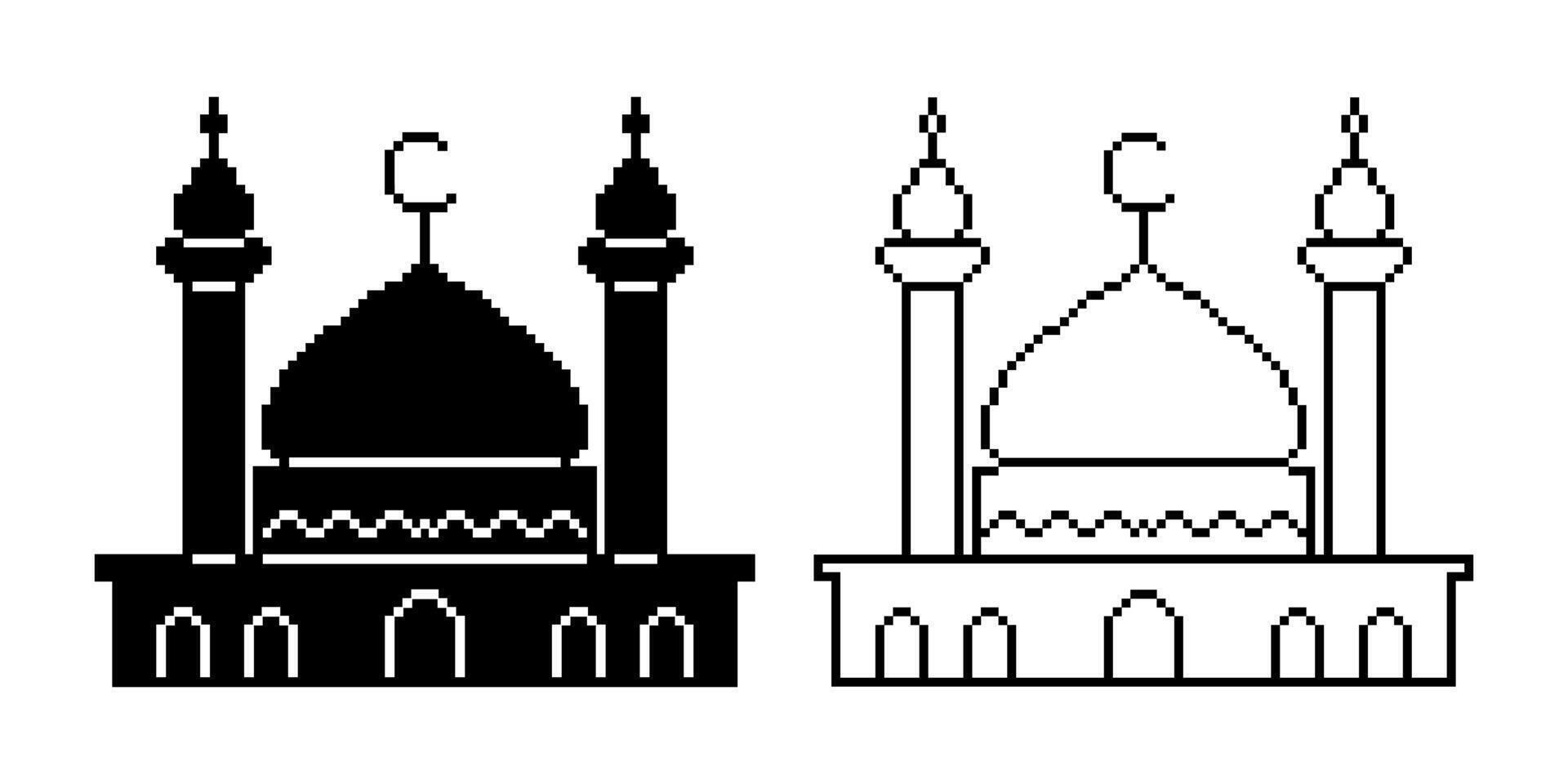 black white pixel art mosque icon set isolated on white background vector