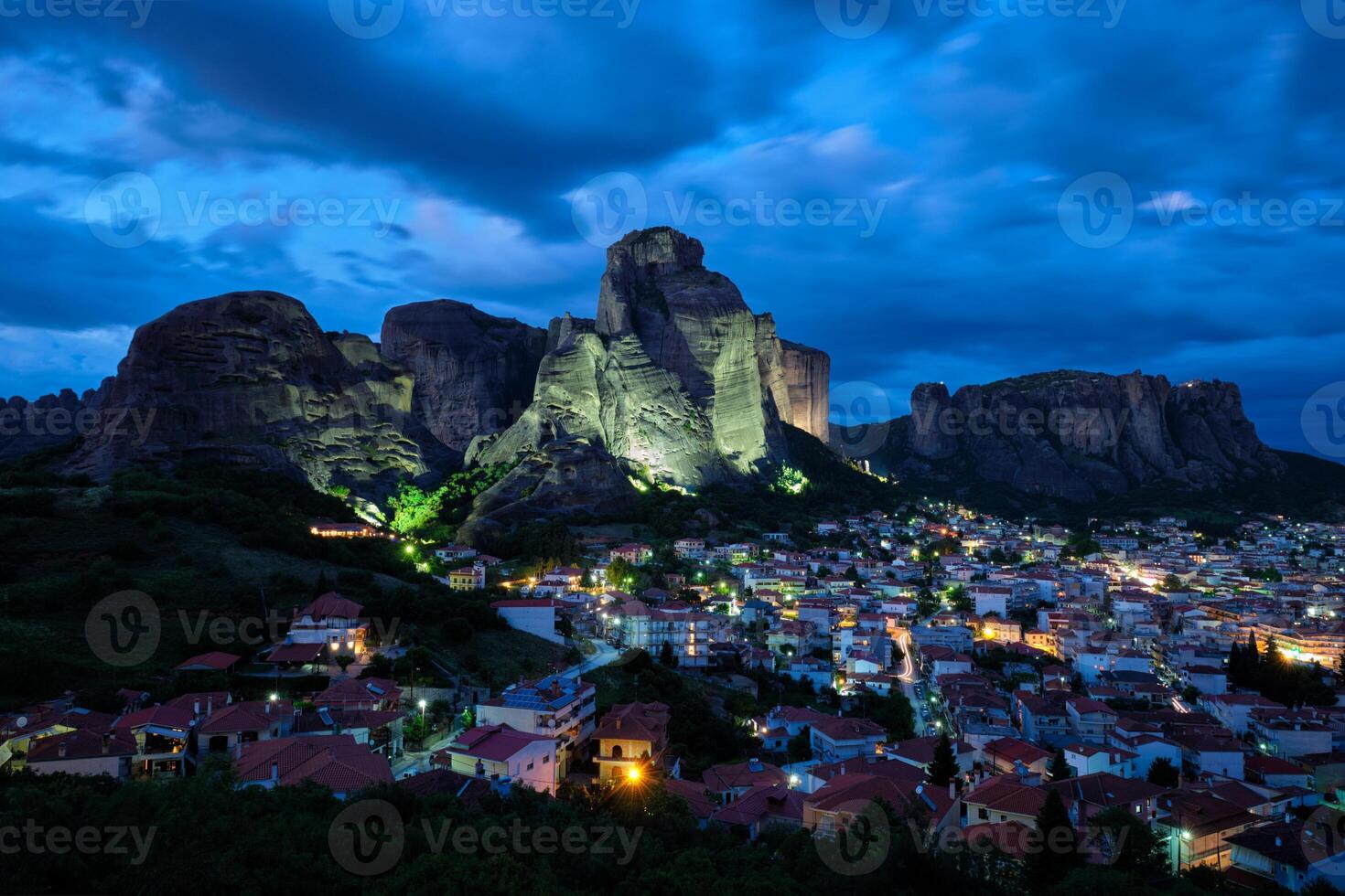 Kalambaka village in famous tourist destination Meteora in Greece in night photo