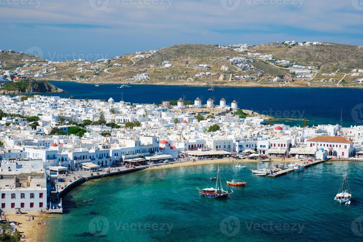 Mykonos island port with boats, Cyclades islands, Greece photo