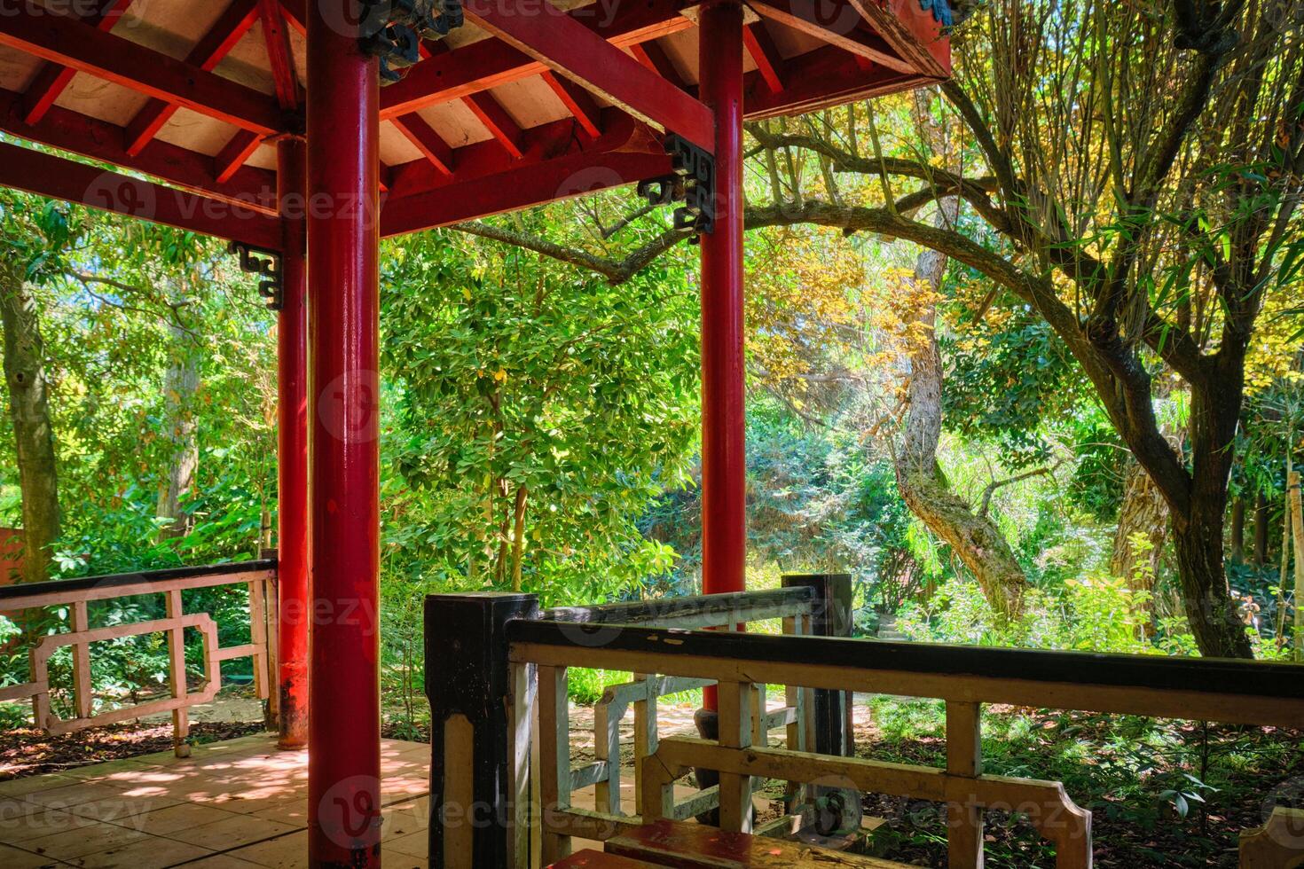 Chinese style pavilion in asian part of tropical botanical garden in Lisbon, Portugal photo