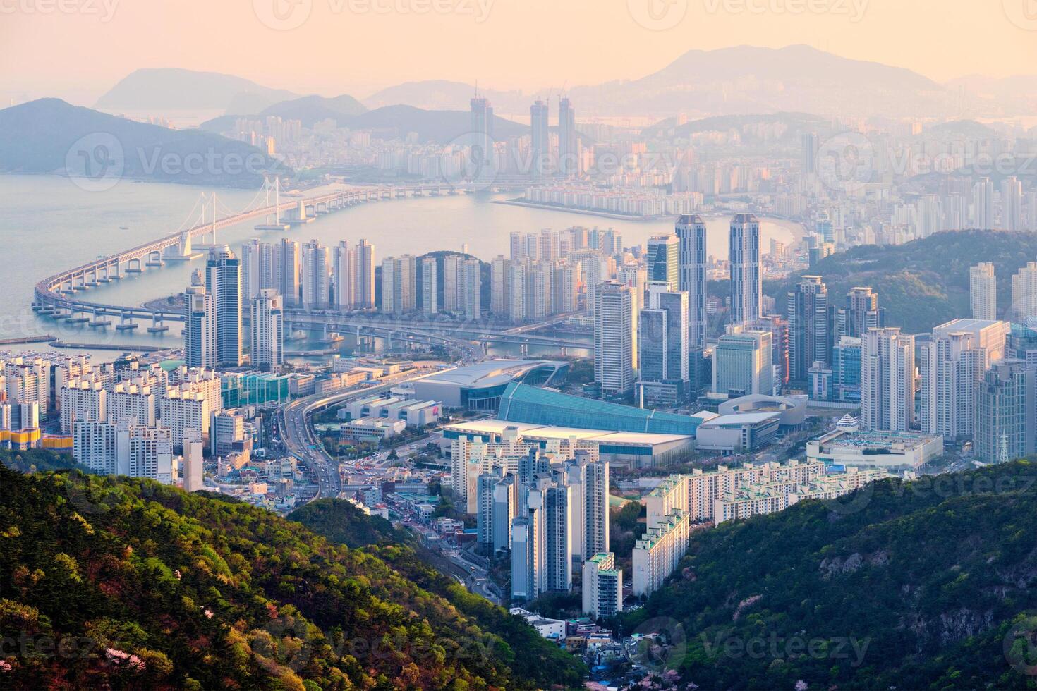 Busan cityscape Gwangan Bridge on sunset photo