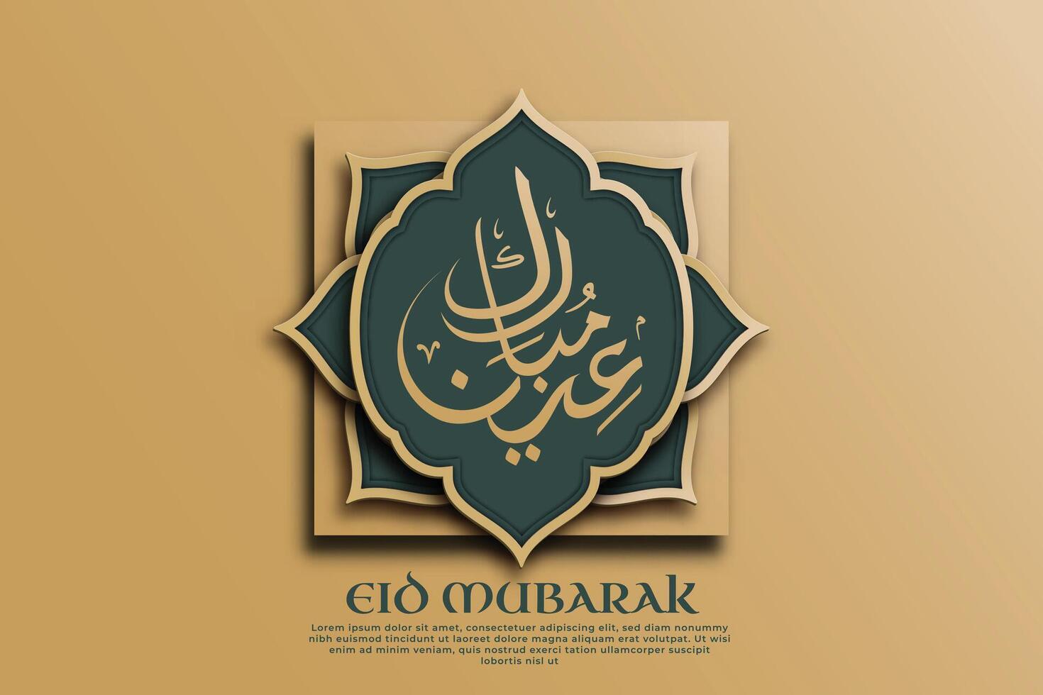 eid Mubarak modelo escrito en elegante Arábica caligrafía, adornado corte de papel estilo Arábica adornos en oro matices vector