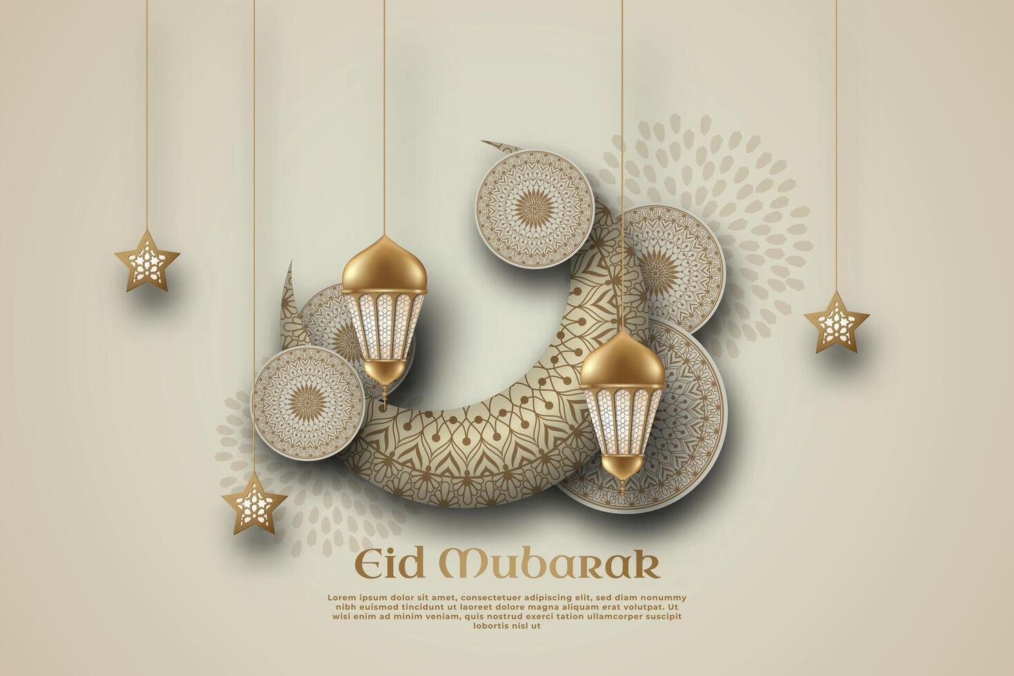 Eid Mubarak Islamic template of a crescent, mandala, lantern and star ornaments on beige background. vector