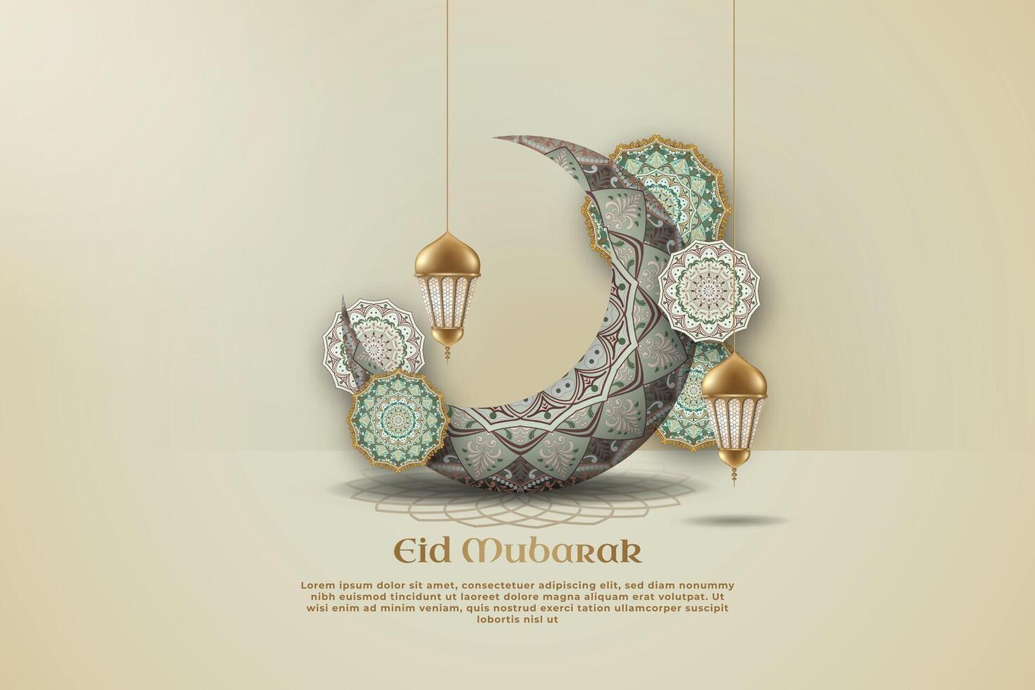 Islamic background paper art with a crescent and the words eid mubarak on it. vector