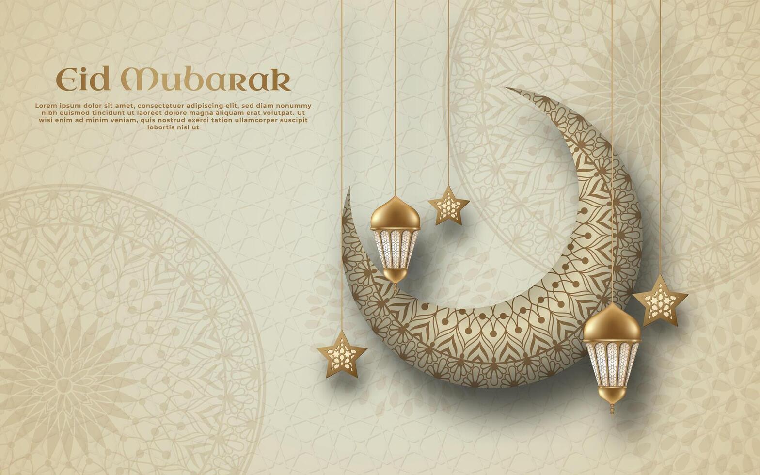 un póster eid Mubarak con un creciente y islámico ornamento en un antecedentes papel efecto retro estilo . vector