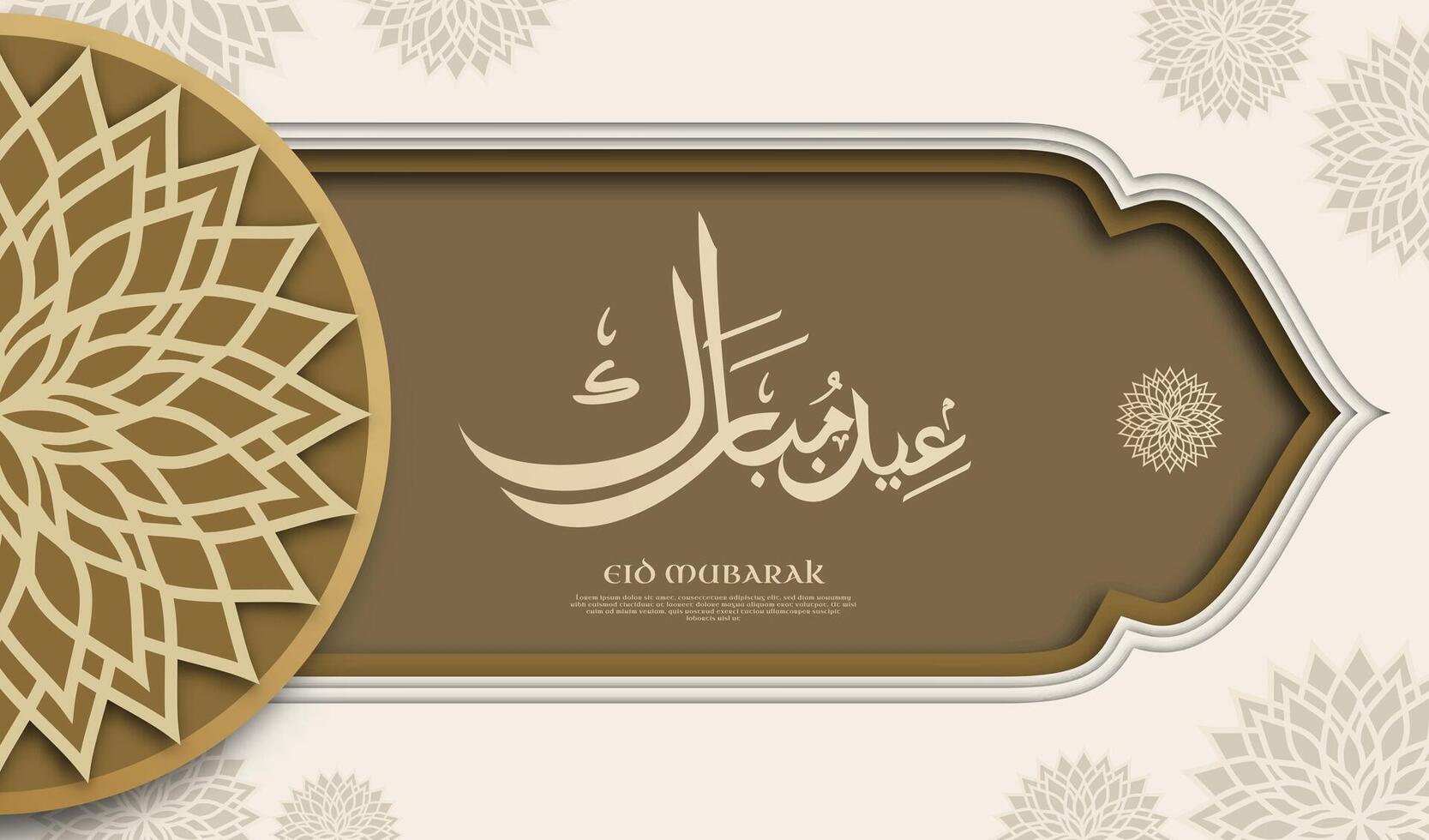 Eid Mubarak template written in elegant Arabic calligraphy with a 3D paper-cut aesthetic showcasing elegant arabic ornament. A sophisticated gold, and use vector illustration.
