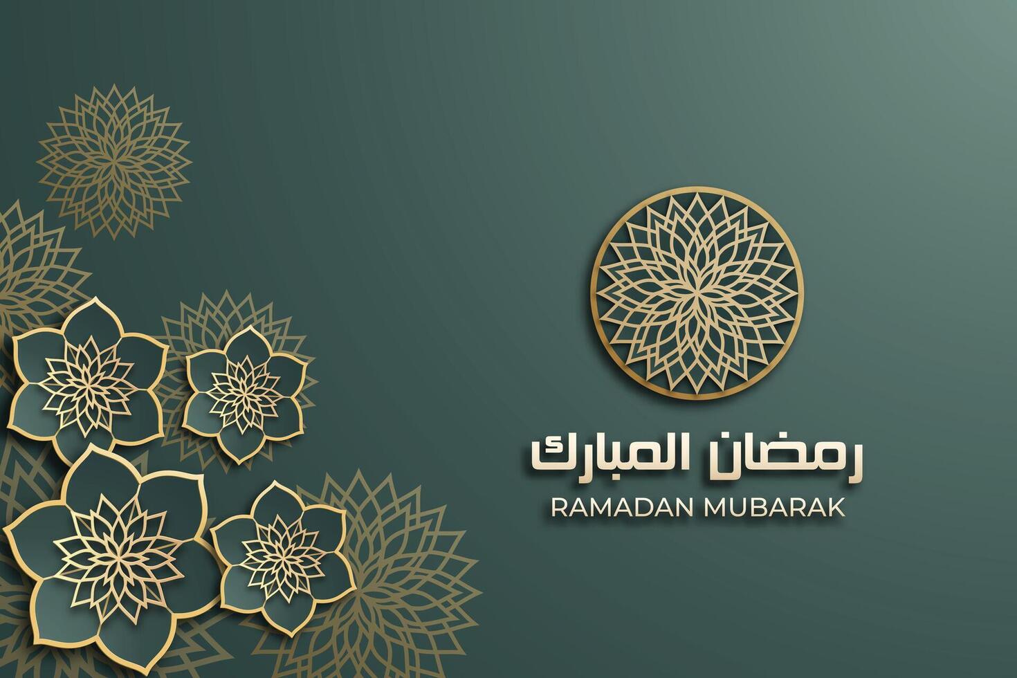 Ramadan Mubarak poster with a 3D paper-cut design featuring Islamic mandala and flower. Luxurious green color to create an elegant and festive atmosphere. vector