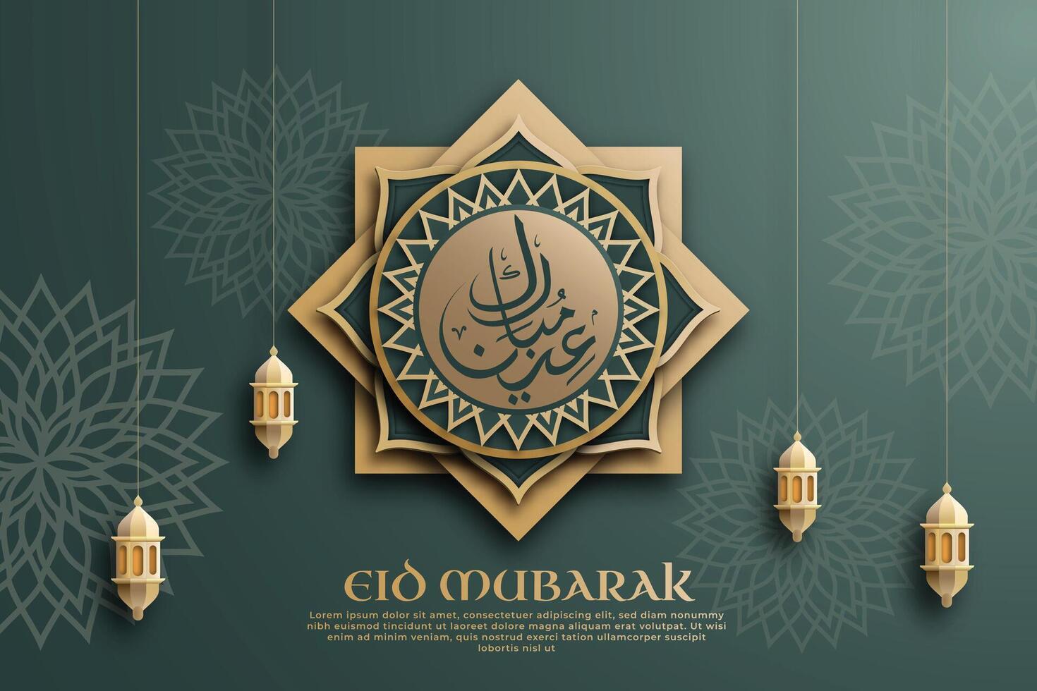 Eid Mubarak template written in elegant Arabic calligraphy, adorned paper-cut style Arabic ornaments in gold hues on the green background. vector