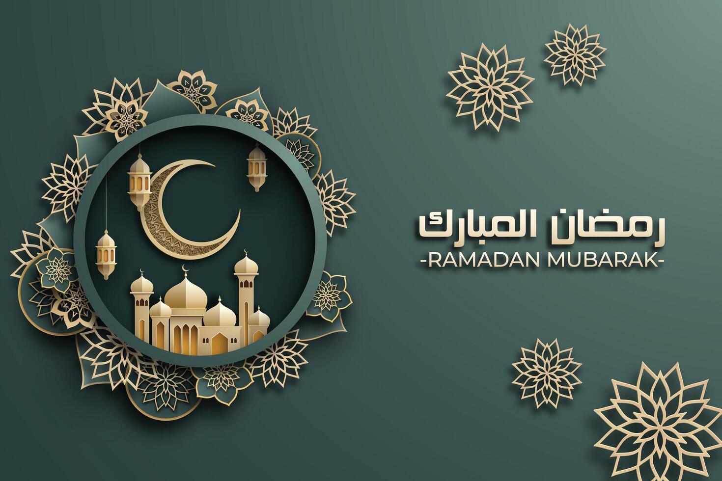 Ramadan Mubarak poster with a 3D paper-cut design featuring Islamic mosque, flower, and a crescent moon. Luxurious green color to create an elegant and festive atmosphere. vector