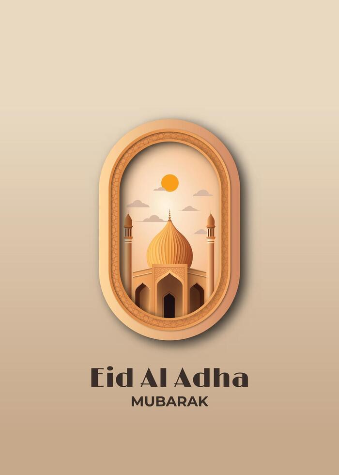 happy eid al adha greeting card with mosque sky view realistic 3d in a frame vector