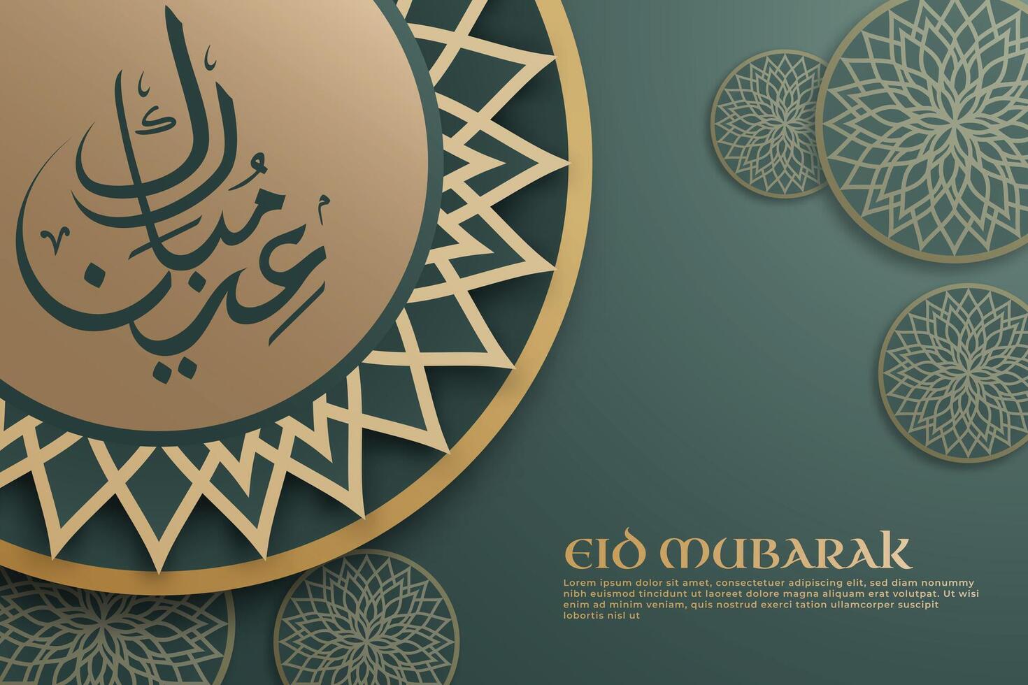 Eid Mubarak template written in elegant Arabic calligraphy, adorned paper-cut style Arabic ornaments in gold hues on the green background. vector