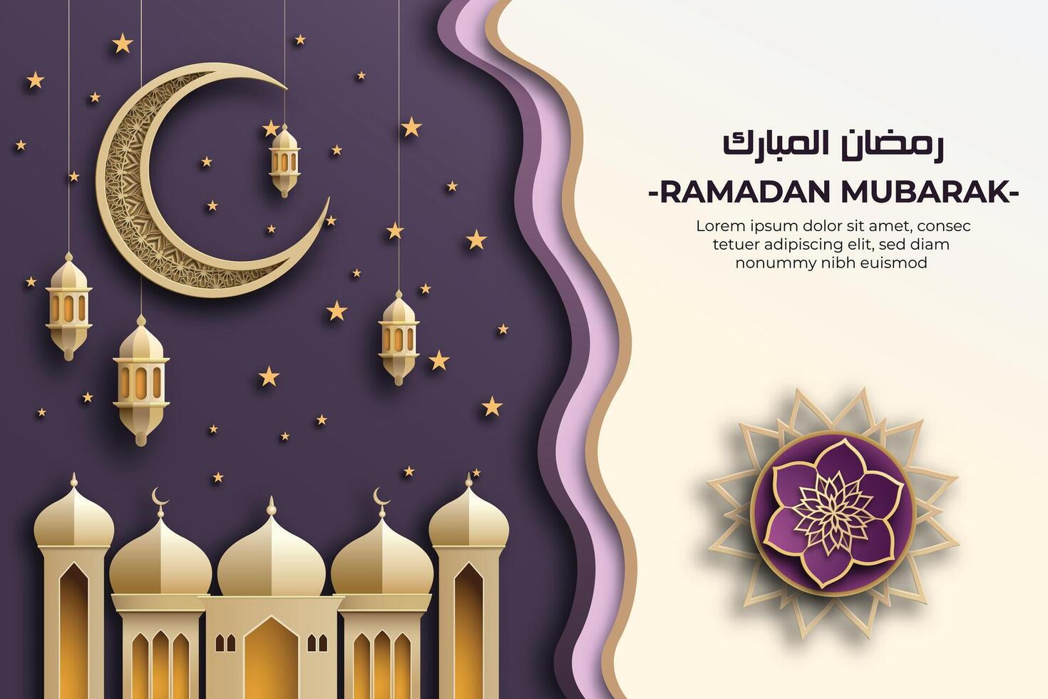 Ramadan Mubarak template with a 3D paper-cut aesthetic showcasing elegant Islamic lanterns, and a arabic ornamental. a sophisticated gold and violet color palette, and use vector illustrations.