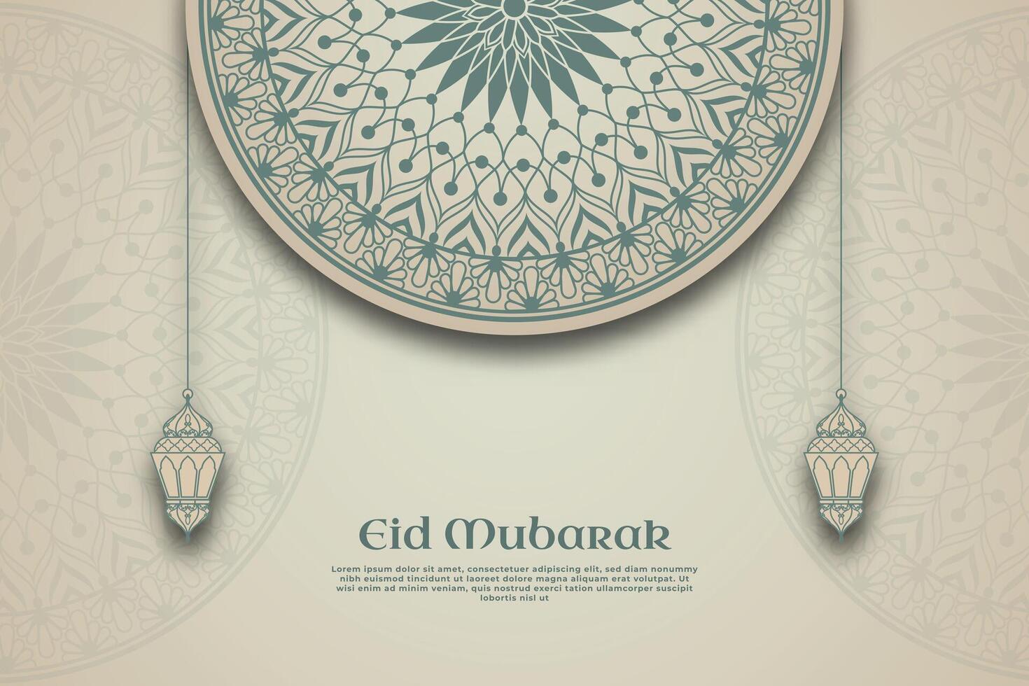 un póster para eid Mubarak con un modelo de linterna y mandala en un beige antecedentes. vector