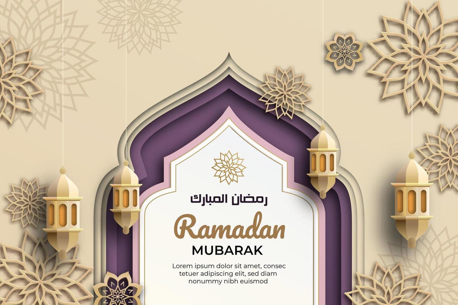 Ramadan Mubarak template with a 3D paper-cut aesthetic showcasing elegant Islamic lanterns, and a arabic ornamental. a sophisticated gold and violet color palette, and use vector illustrations.