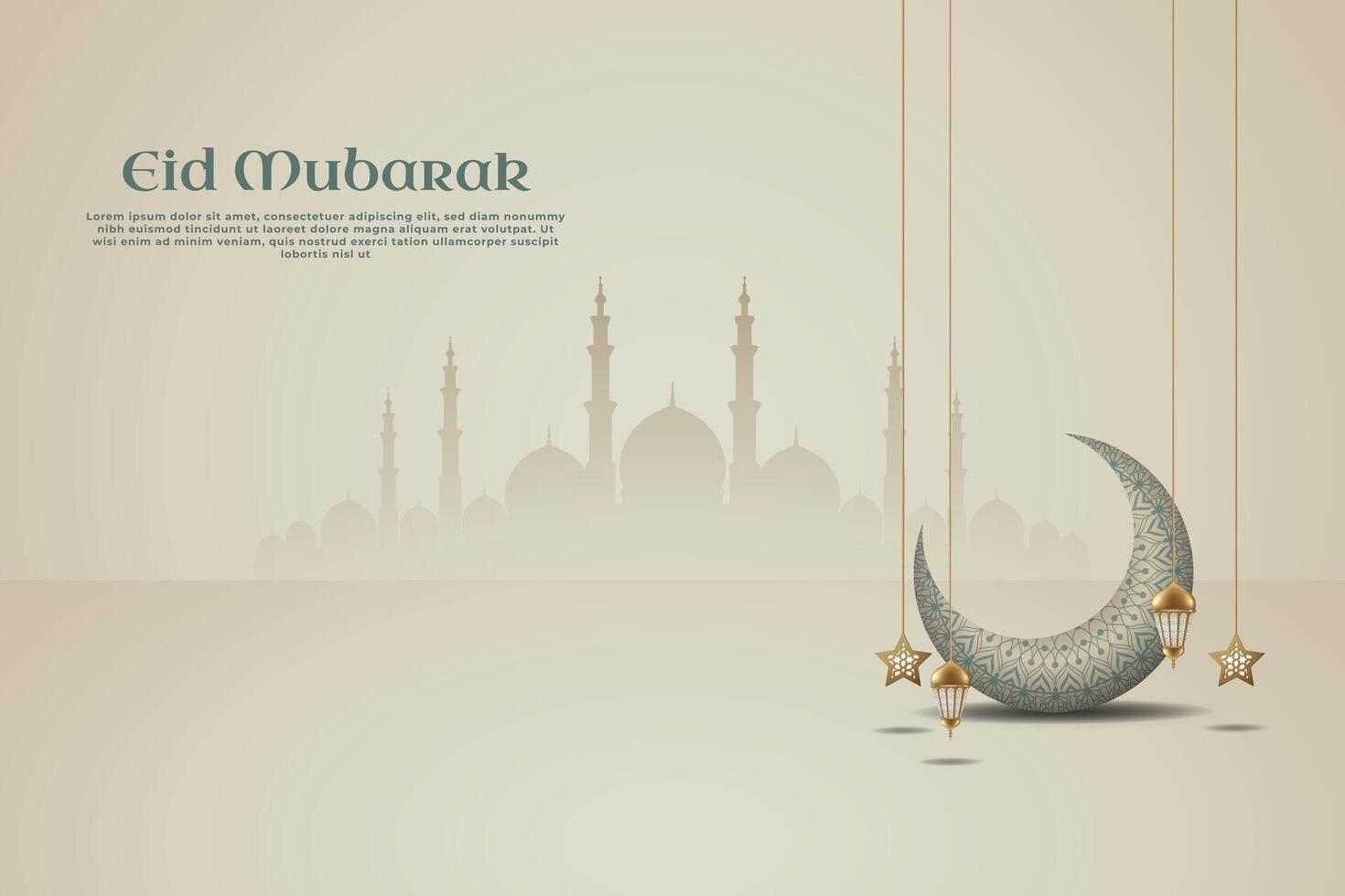 A eid mubarak poster with crescent 3d illustration and ornament arabic style. vector