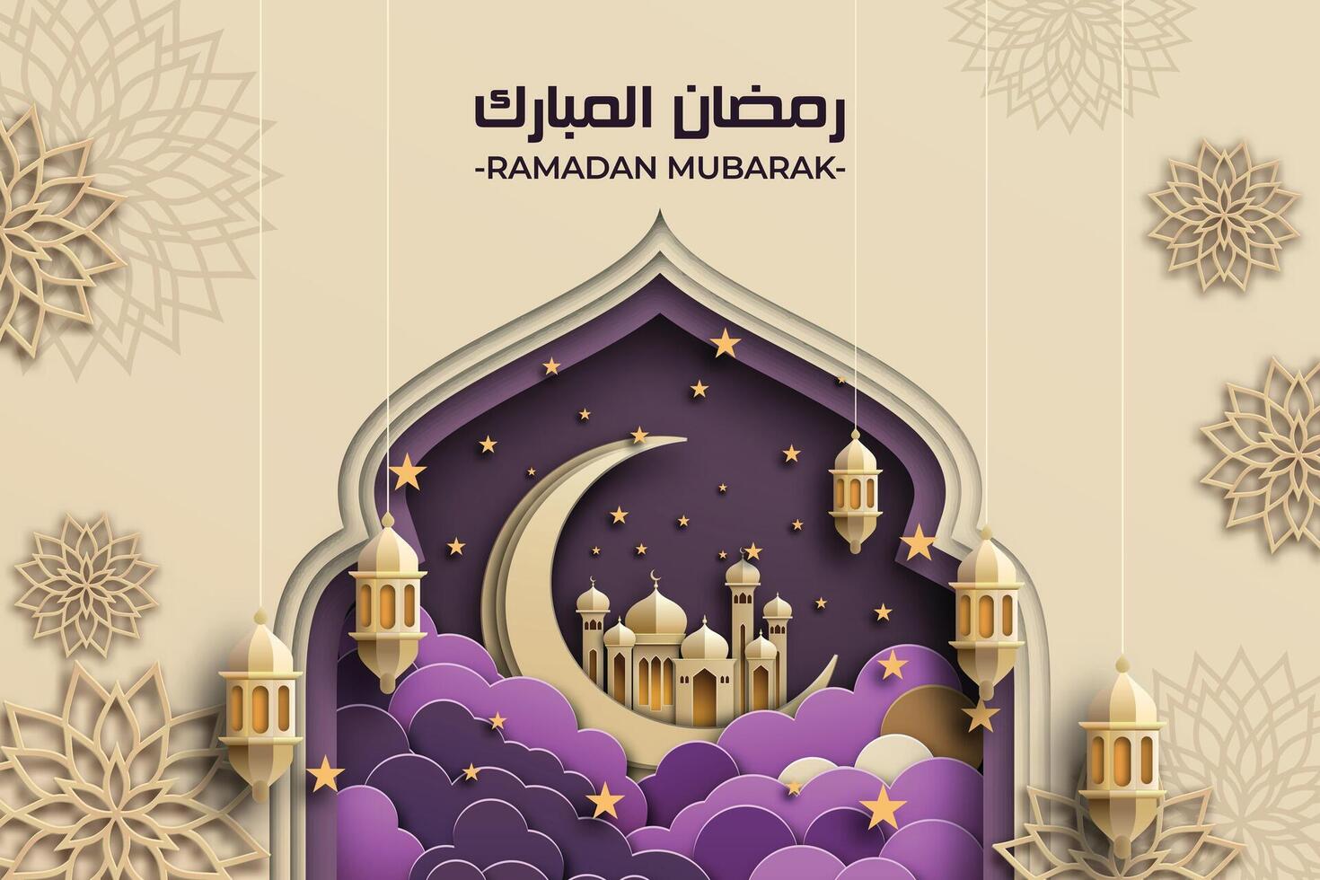 Ramadan Mubarak template with a 3D paper-cut aesthetic showcasing elegant Islamic lanterns, and a arabic ornamental. a sophisticated gold and violet color palette, and use vector illustrations.