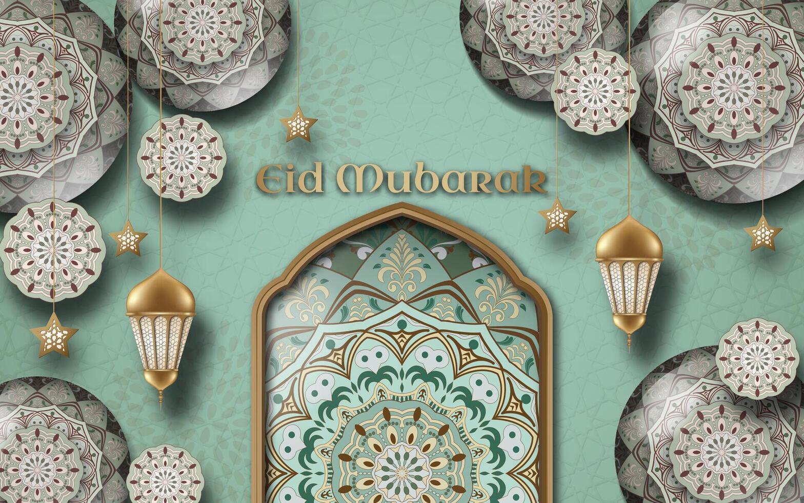 A poster eid mubarak with islamic frame and islamic ornaments on a green background. vector