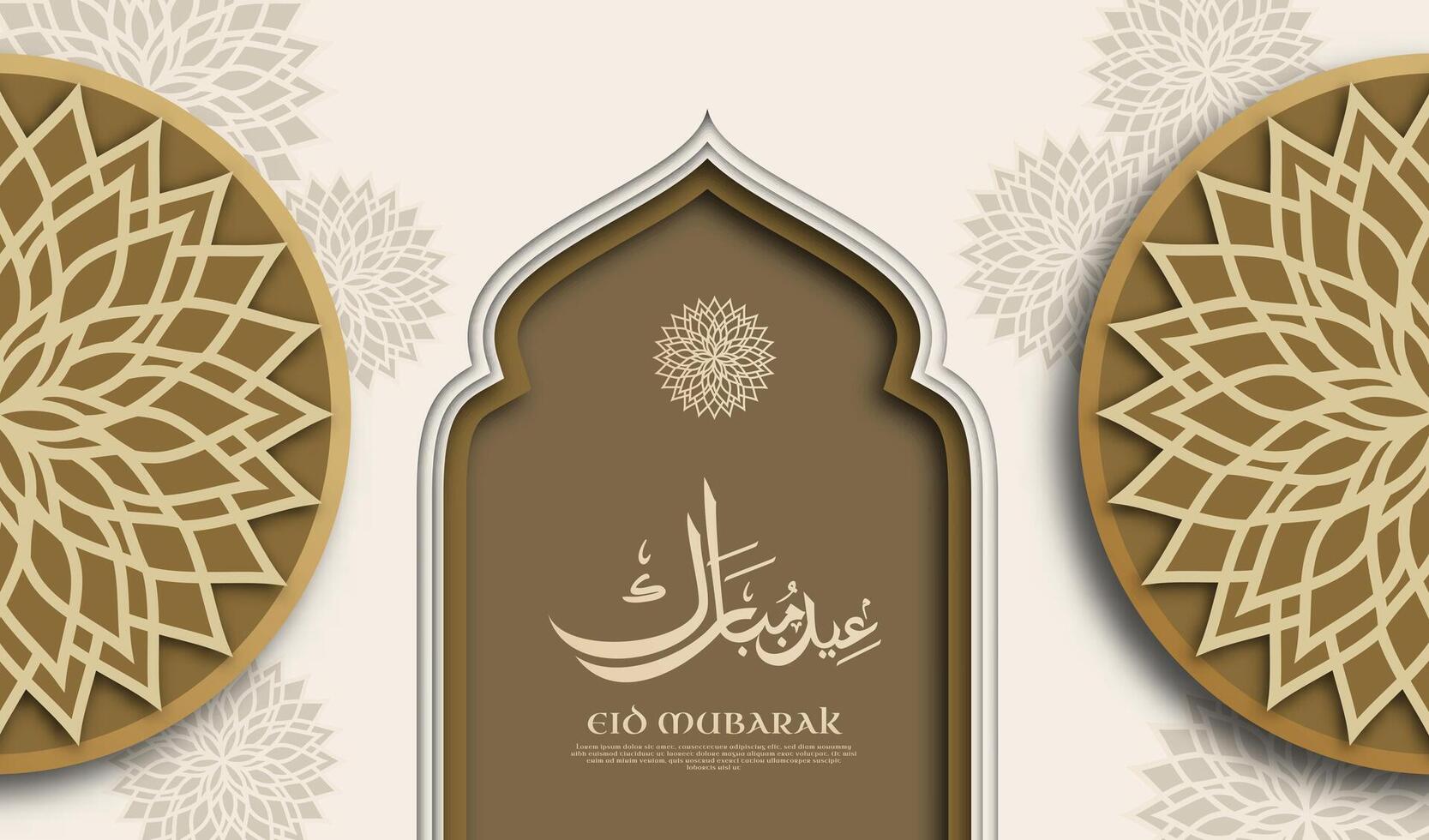 Eid Mubarak template written in elegant Arabic calligraphy with a 3D paper-cut aesthetic showcasing elegant arabic ornament. A sophisticated gold, and use vector illustration.