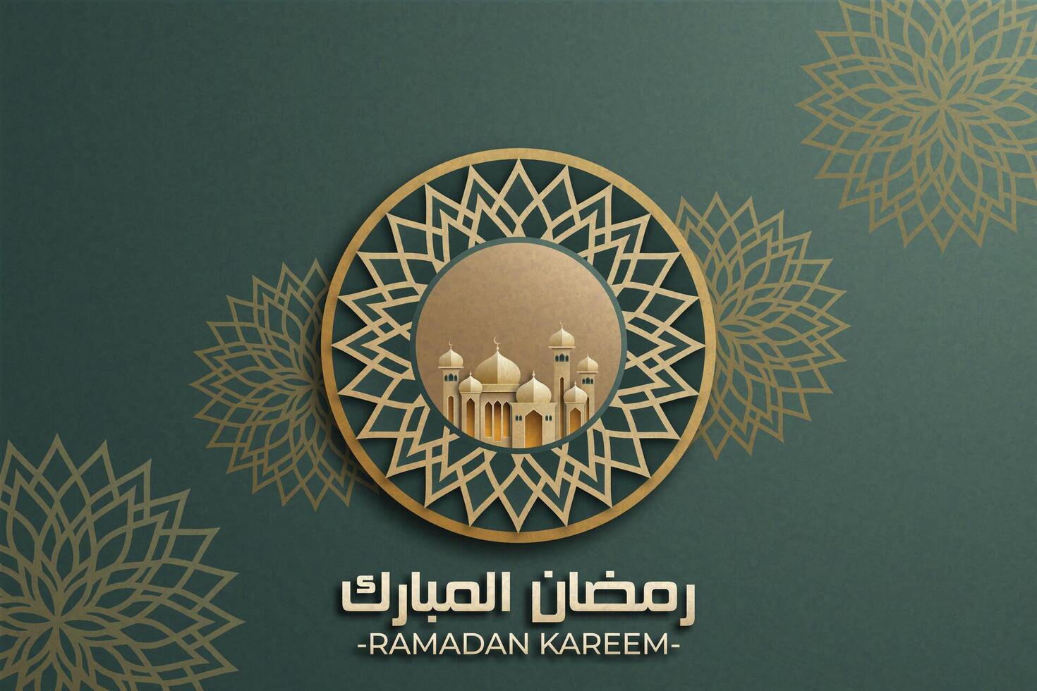 Ramadan Mubarak poster with a 3D paper-cut design featuring Islamic lanterns, mosque, mandala, and a crescent moon. Luxurious green color to create an elegant and festive atmosphere. vector