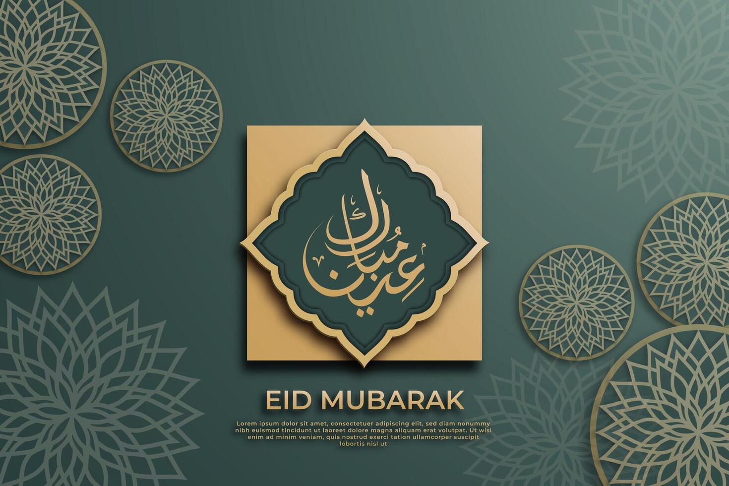 Eid Mubarak template written in elegant Arabic calligraphy, adorned paper-cut style Arabic ornaments in gold hues on the green background. vector