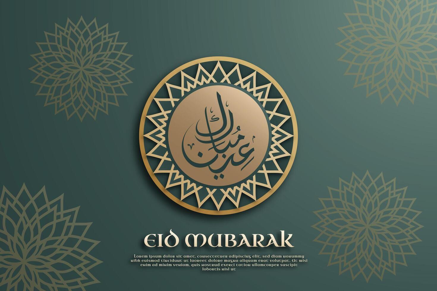 eid Mubarak modelo escrito en elegante Arábica caligrafía, adornado corte de papel estilo Arábica adornos en oro matices en el verde antecedentes. vector