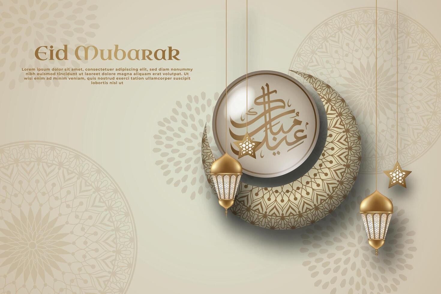 A poster for eid mubarak with a illustration half glass globe, crescent, lantern and calligraphy on a mandala pattern beige background. vector