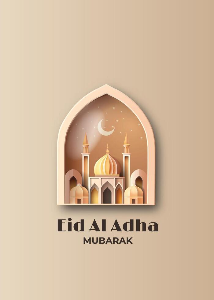 happy eid al adha greeting card  with mosque sky view  realistic 3d in a frame vector