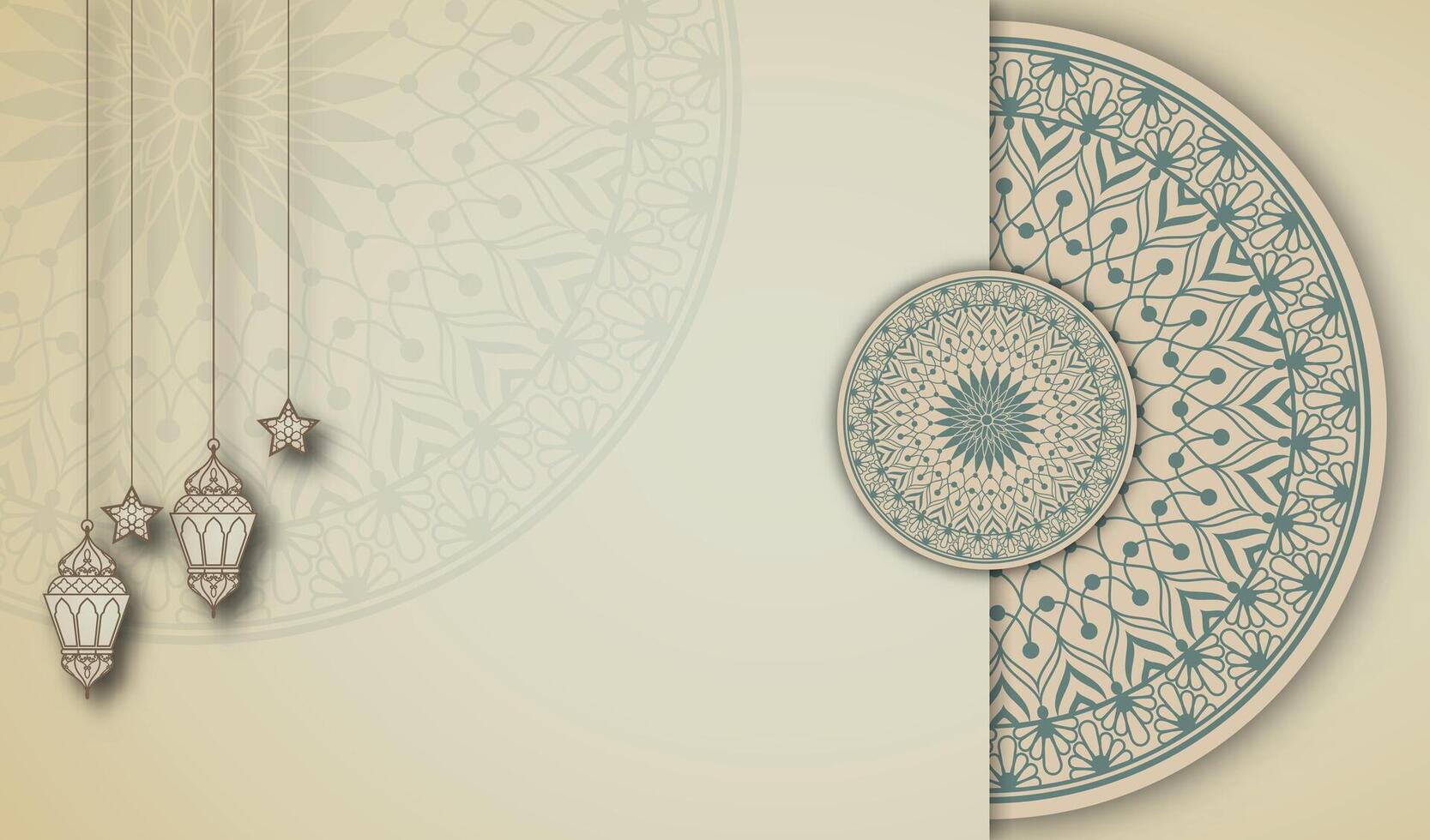 Islamic poster paper cut effect with mandala and lantern on a beige background. vector