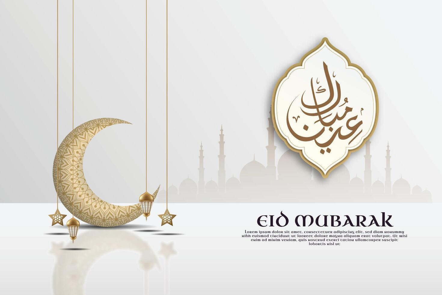 A poster Eid Mubarak written in elegant Arabic calligraphy with a 3D crescent aesthetic showcasing elegant arabic ornament. vector