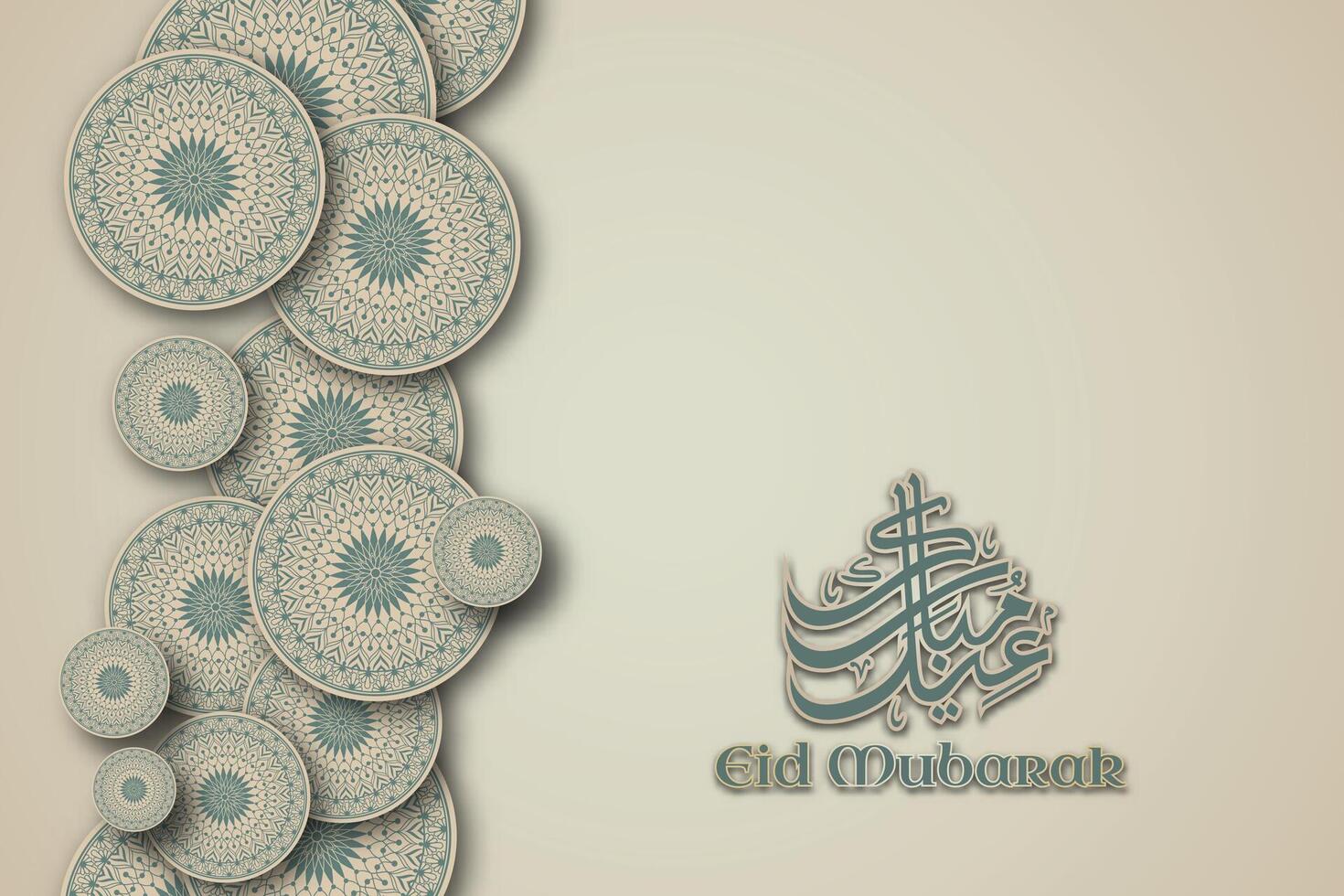 un eid Mubarak póster con un modelo de mandala y Arábica caligrafía en un beige antecedentes papel textura estilo. vector