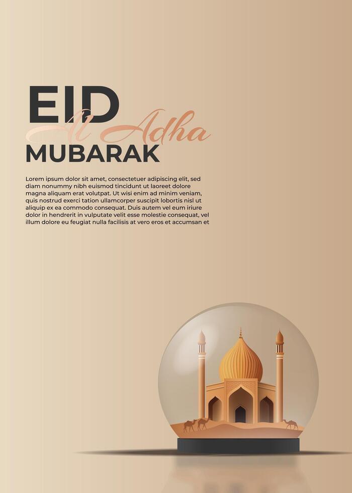 eid al adha mubarak greeting card with a mosque in a crystal ball 3d vector