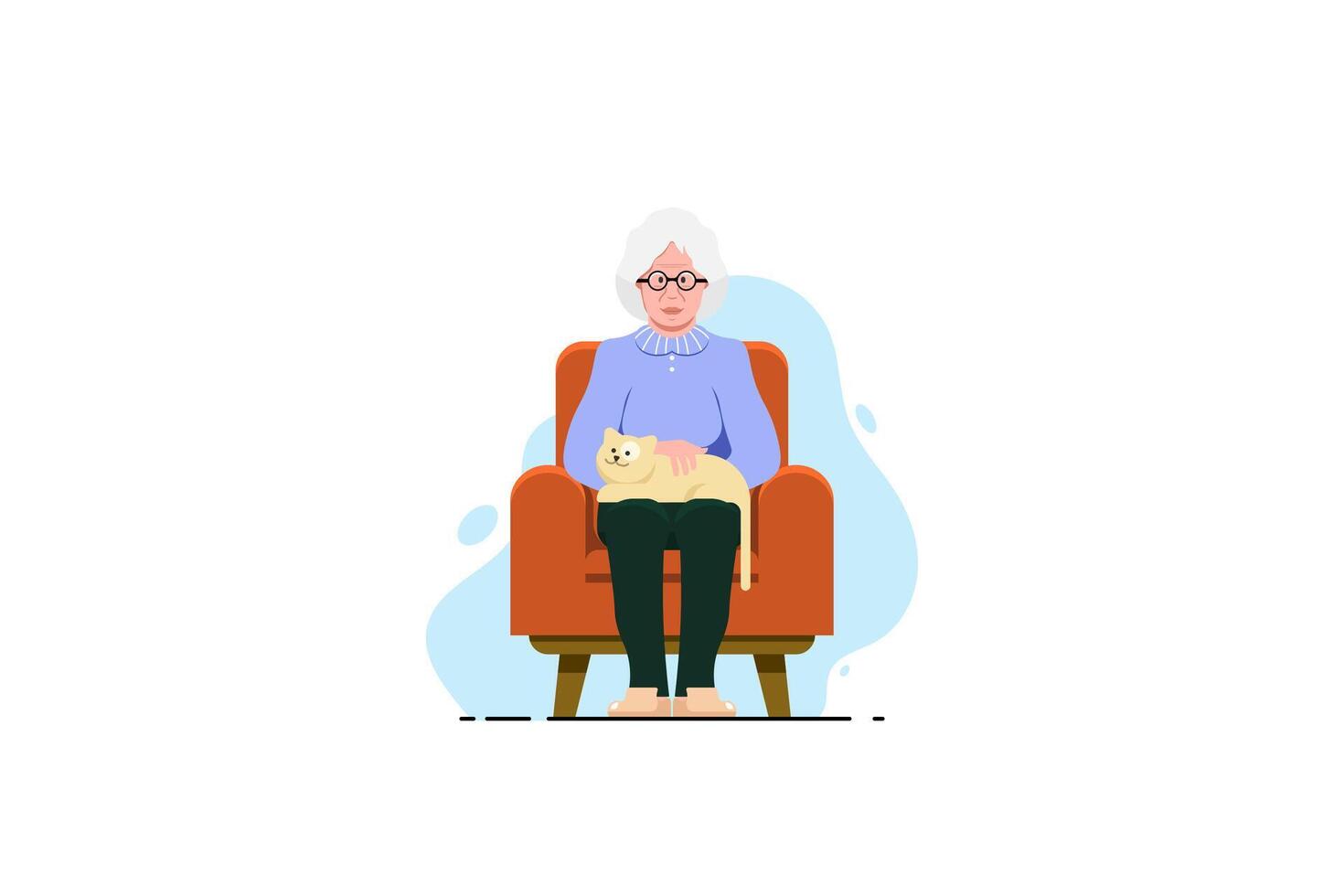 antiguo mujer relajante en sofá silla con gato en aislado fondo, vector ilustración.