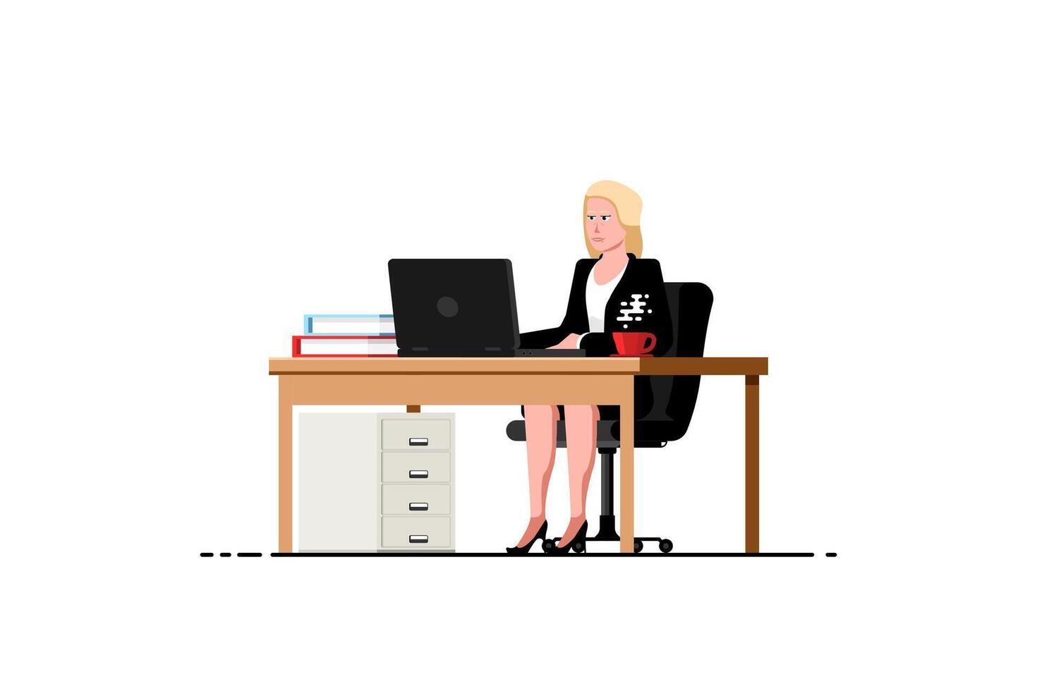 mujer de negocios trabajando a escritorio con ordenador portátil en aislado fondo, vector ilustración.